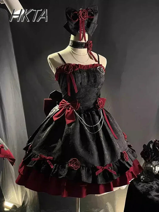 Gothic Lolita Y2K Black & Red Romantic JSK Dress – Fluffy Princess Cosplay Birthday Outfit for Women