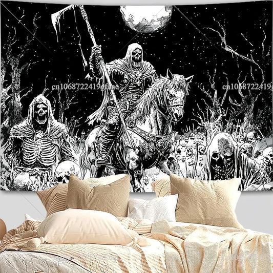 Gothic Skull Tapestry – Black & White Skeleton Wall Hanging for Halloween & Room Decor